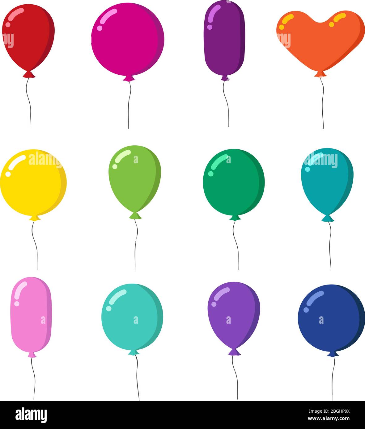 Ballons de dessin animé en caoutchouc couleur avec vecteur de chaîne isolé sur fond blanc. Illustration ballon coloré avec hélium pour cadeau de vacances Illustration de Vecteur