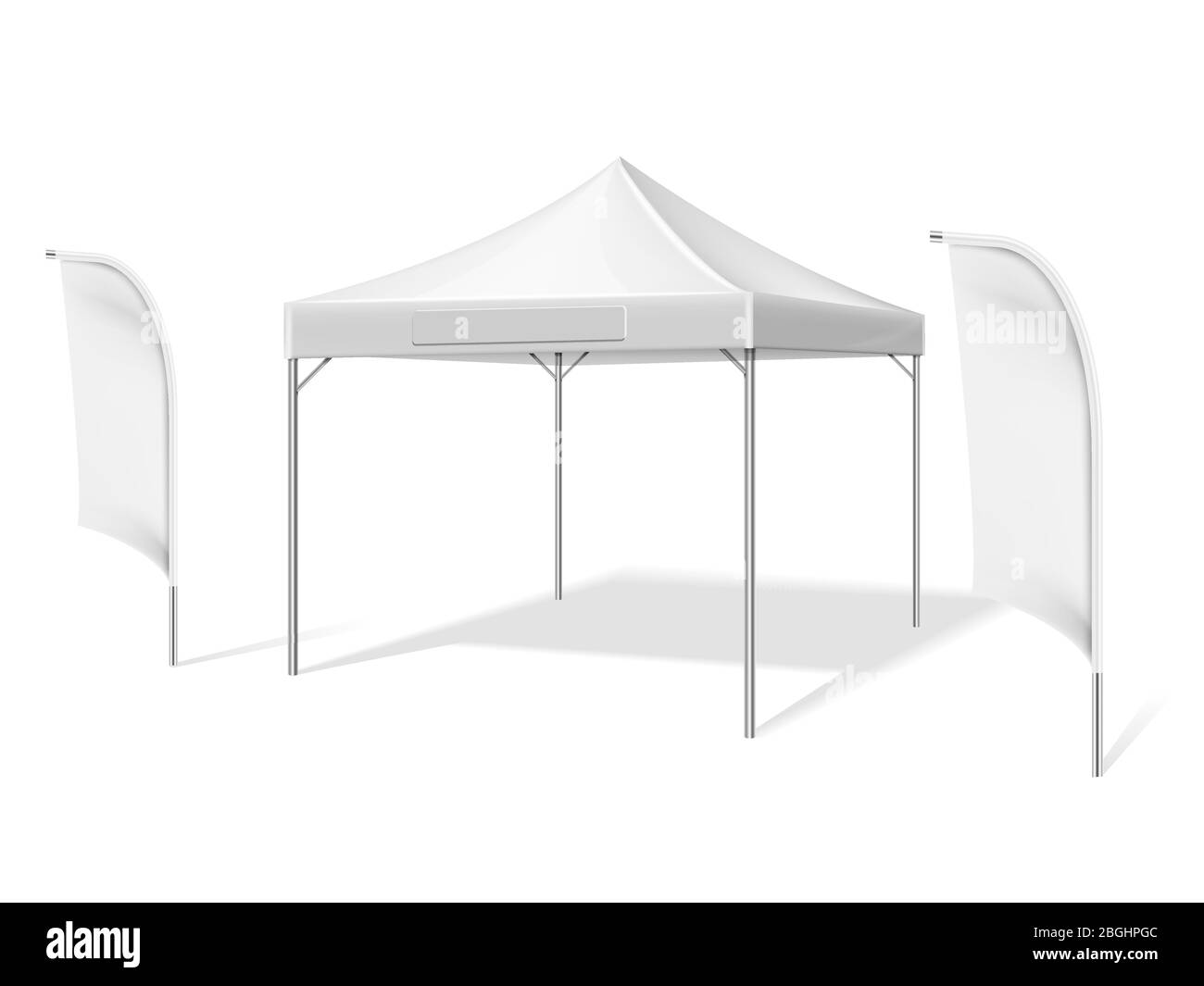 Tente d'événement extérieur blanche vide avec drapeaux de matériel de plage volants illustration vectorielle isolée sur fond blanc. Tente repliée, porte-marquis Illustration de Vecteur