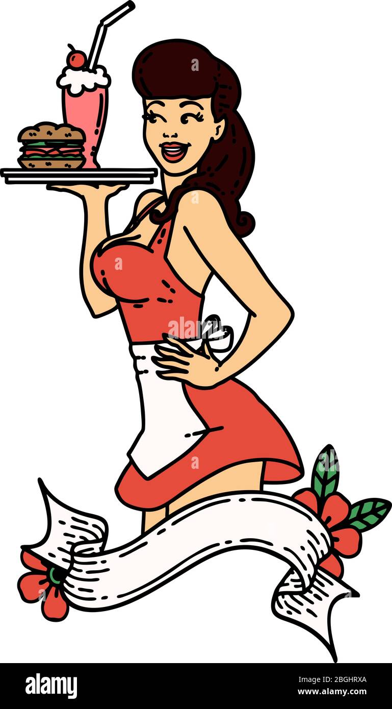 tatouage dans le style traditionnel d'une fille de serveuse de brochage avec bannière Illustration de Vecteur