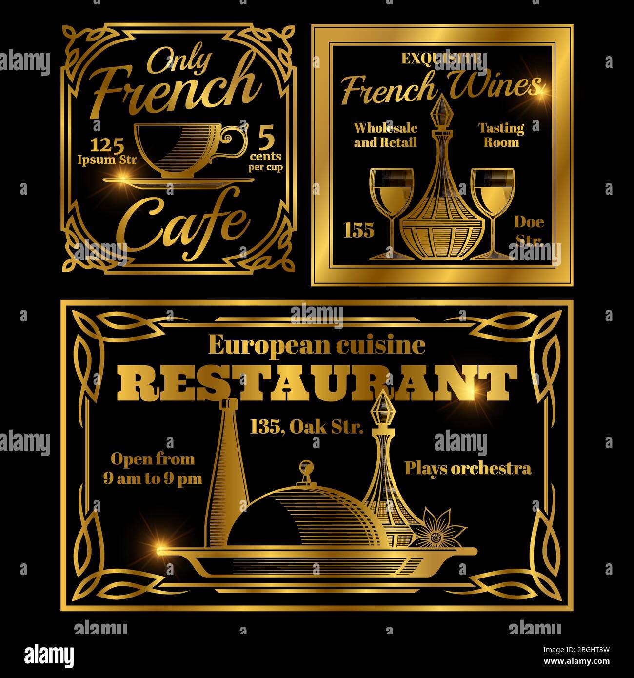 Café français d'or et européen, modèle d'étiquettes de restaurant. Illustration vectorielle Illustration de Vecteur