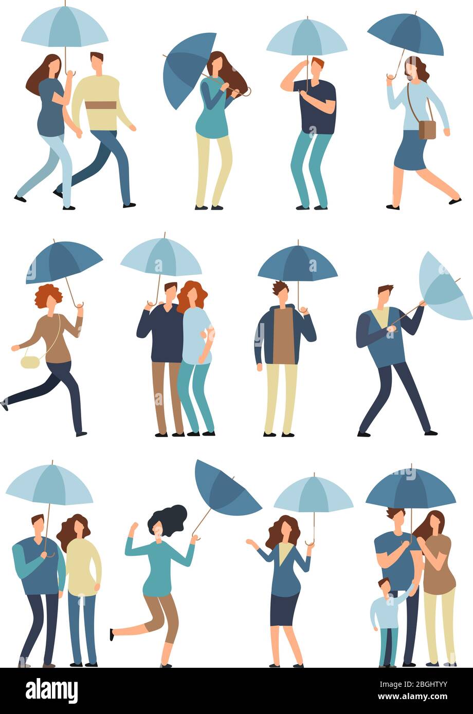 Les gens qui tiennent un parasol, marchent en plein air le printemps ou la journée d'automne pluvieux. Homme, femme dans le manteau de pluie sous vecteur de pluie plats personnages isolés. Pluie météo, homme avec parapluie illustration Illustration de Vecteur