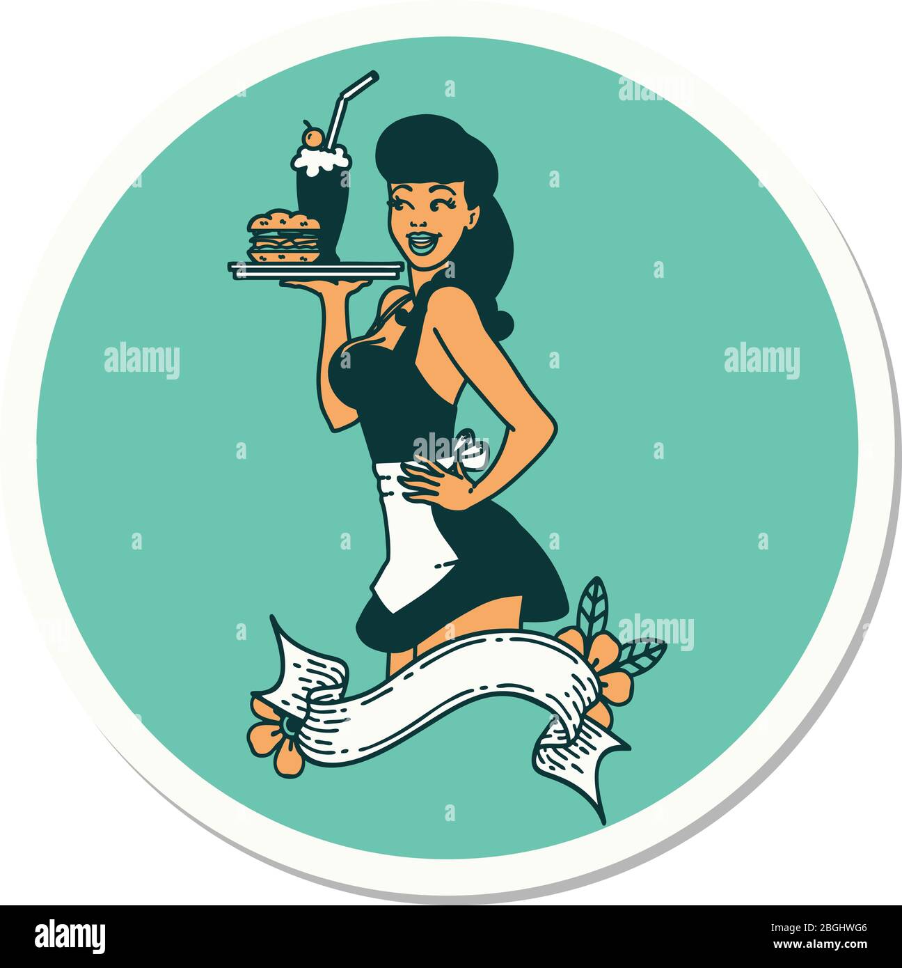 autocollant de tatouage dans le style traditionnel d'une fille de serveuse de brochage avec bannière Illustration de Vecteur