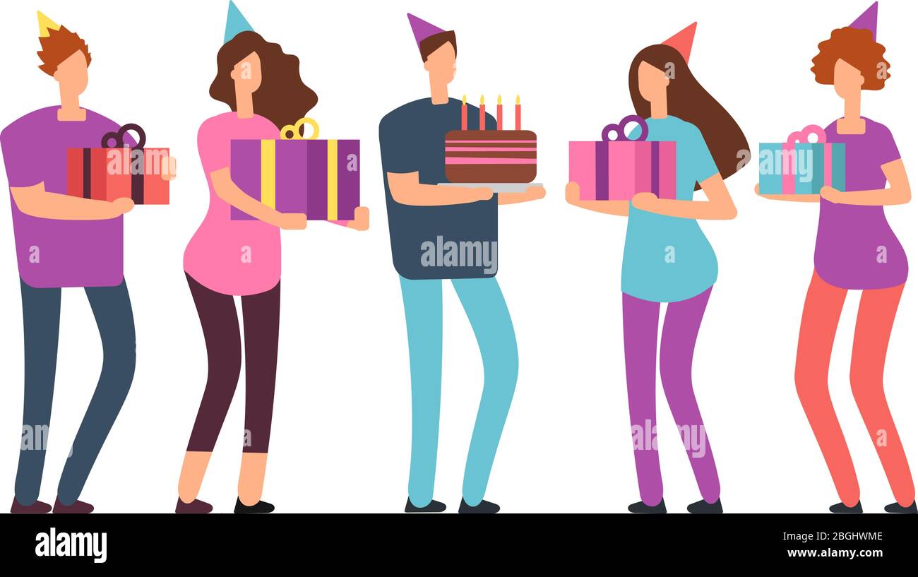 Des Amis Souriants Avec Des Cadeaux Et Des Gateaux Joyeux Anniversaire Vecteur Concept Avec Des Gens De Dessin Anime Fete De Fete Femme Et Homme Illustration D Amitie Image Vectorielle Stock Alamy
