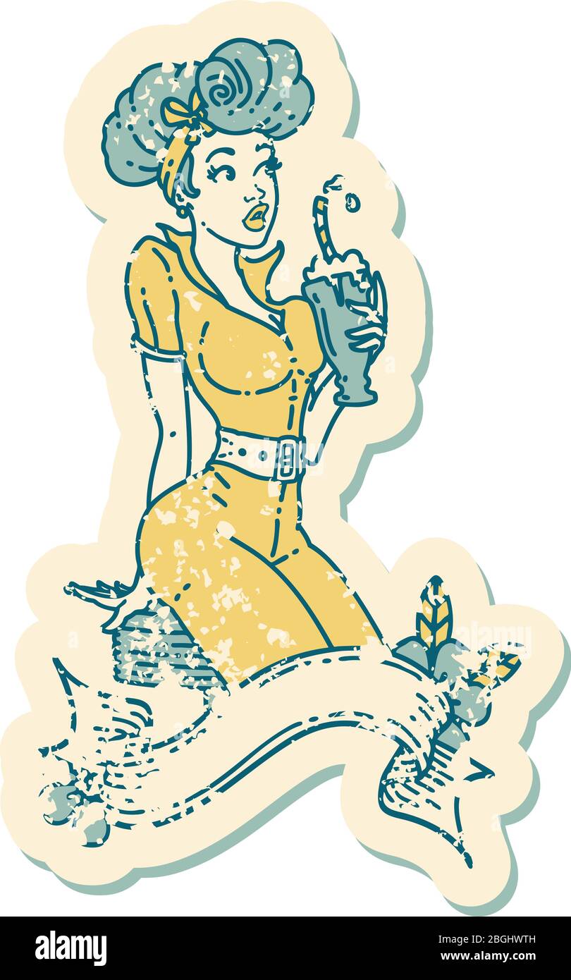 tatouage d'autocollant vieilli dans le style traditionnel d'une fille de pin buvant un milkshake avec bannière Illustration de Vecteur
