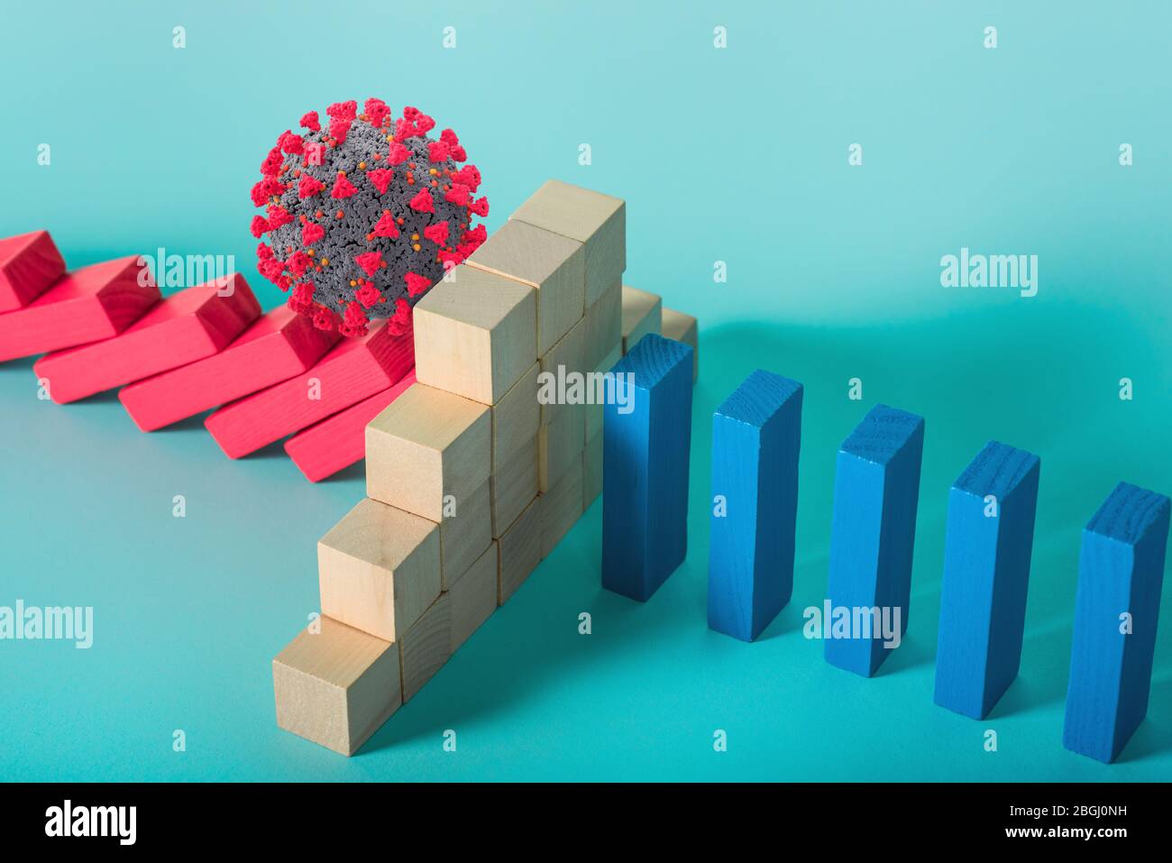Concept de pandémie de coronavirus covid19 avec chaîne en chute libre comme un jeu domino. Contagion et progression de l'infection stoppées par un mur de brique. Cyan Banque D'Images