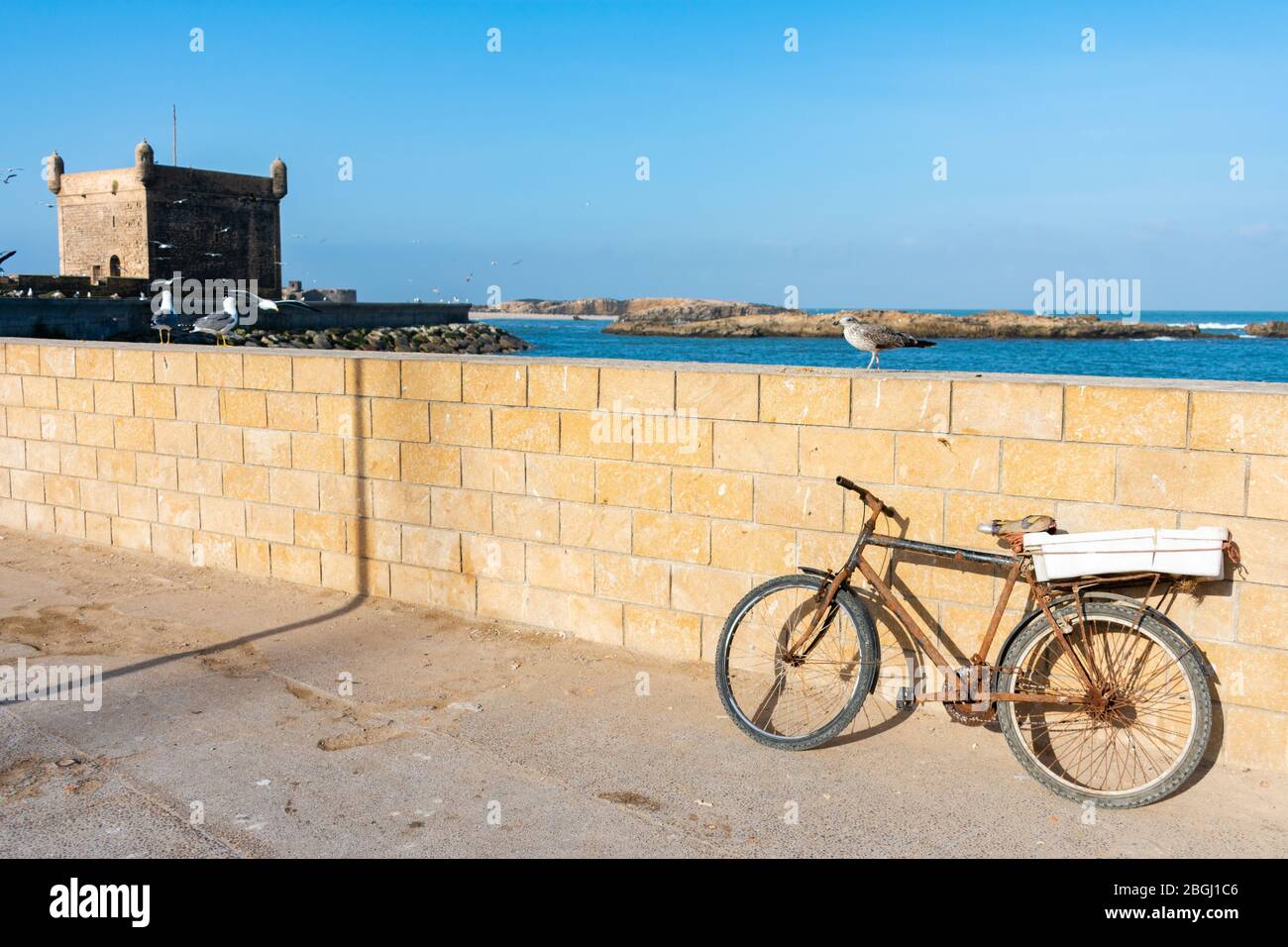 Vélo rouillé à côté de Sqala du Port d'Essaouira à Essaouira Maroc Banque D'Images