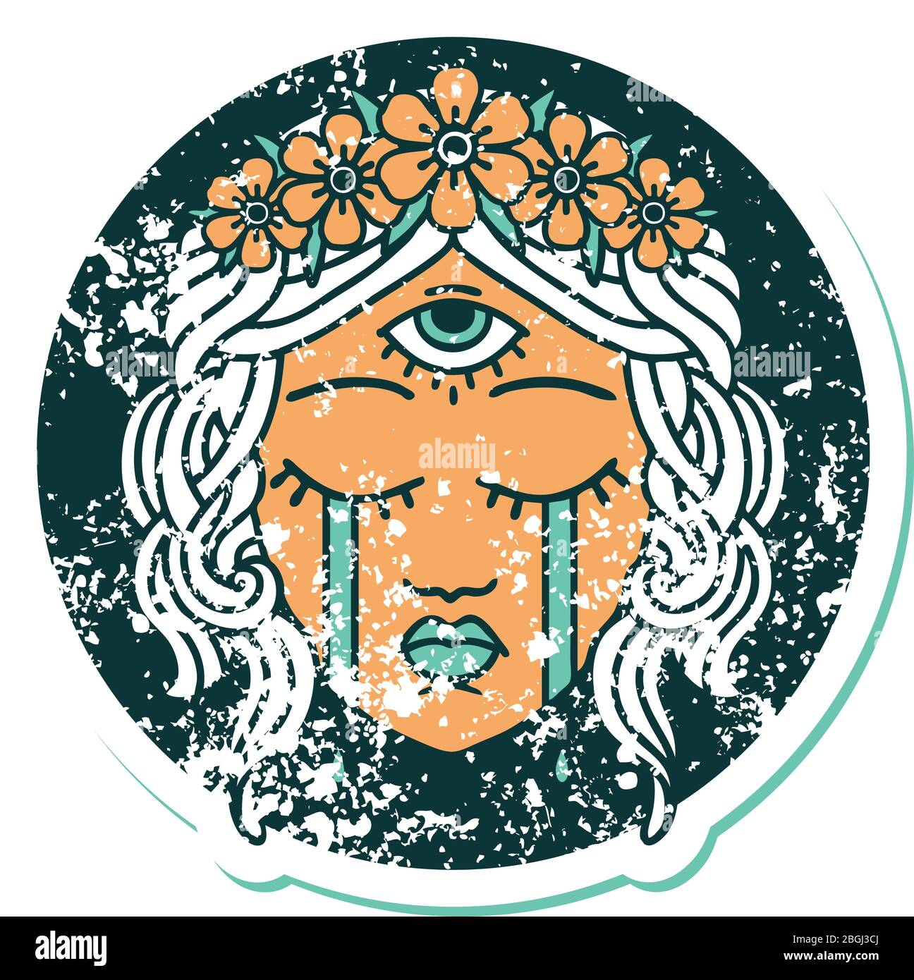 image emblématique de style tatouage autocollant vieilli de visage de femme avec craying mystique de troisième oeil Illustration de Vecteur