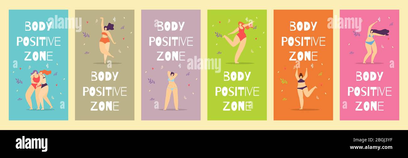 Carte de lettrage de zone positive corps Femme Motivational Set vertical orienté plat bande pour application mobile Histoires colorées jolie danse G Illustration de Vecteur