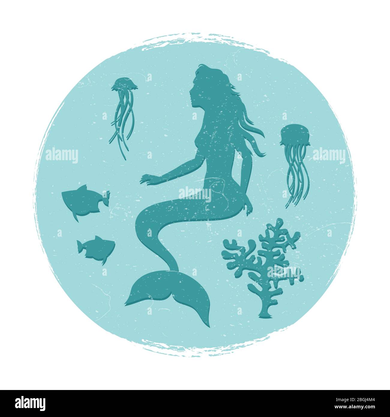Étiquette de vie sous-marine vintage. Sirène et poissons, silhouettes de méduses. Illustration vectorielle Illustration de Vecteur