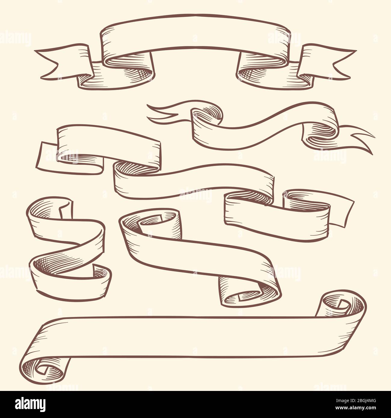 Banderoles en ruban à défilement victorien vintage, étiquettes anciennes vectorisées à la main scénario isolé. Illustration de l'ancien défilement pour le message Illustration de Vecteur