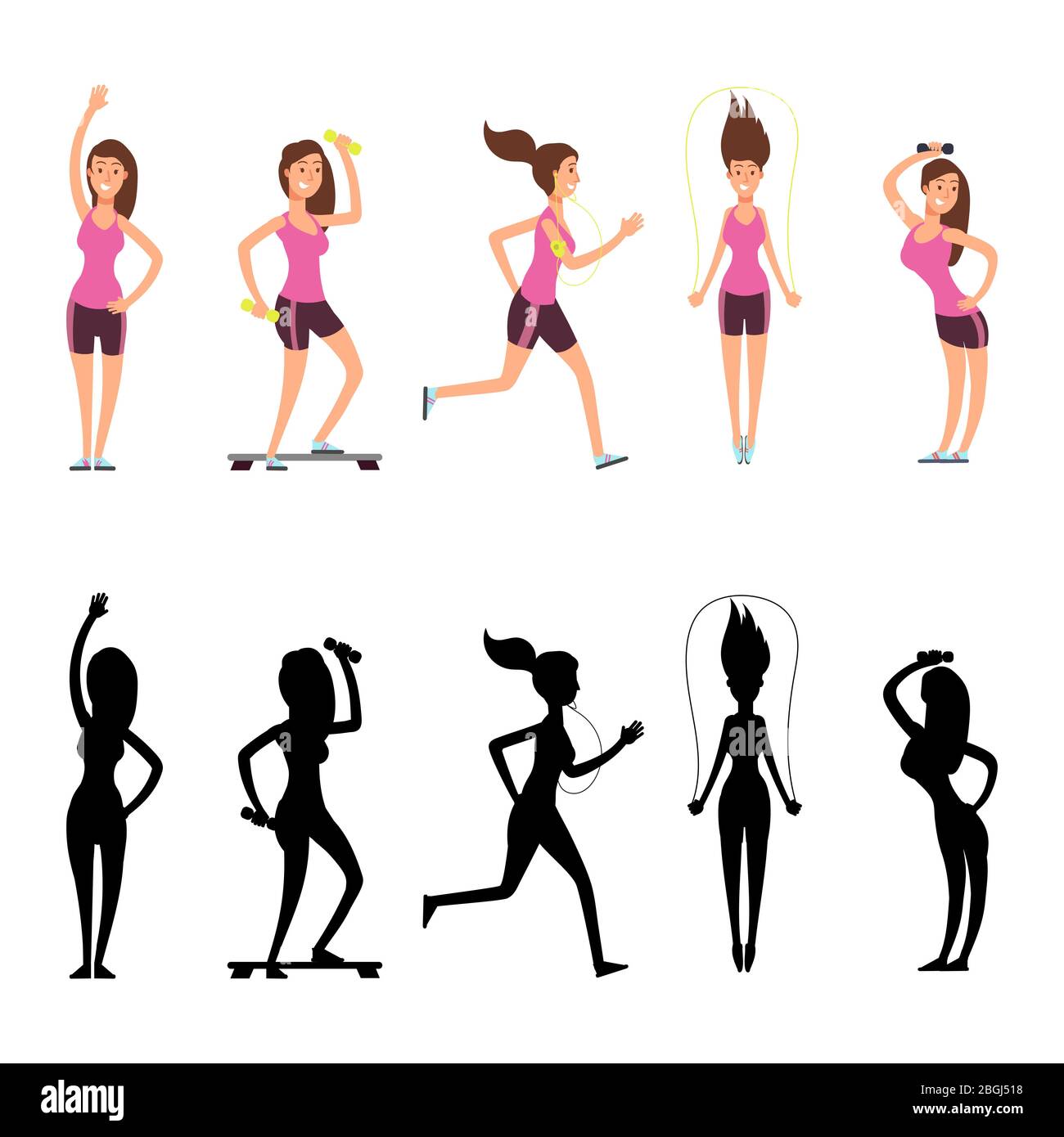 Les personnages de sport féminin. Silhouettes de fitness Vector femelles isolées sur fond blanc. Entraînement d'exercice jeune fille en silhouette noire, illustration sportive et active Illustration de Vecteur