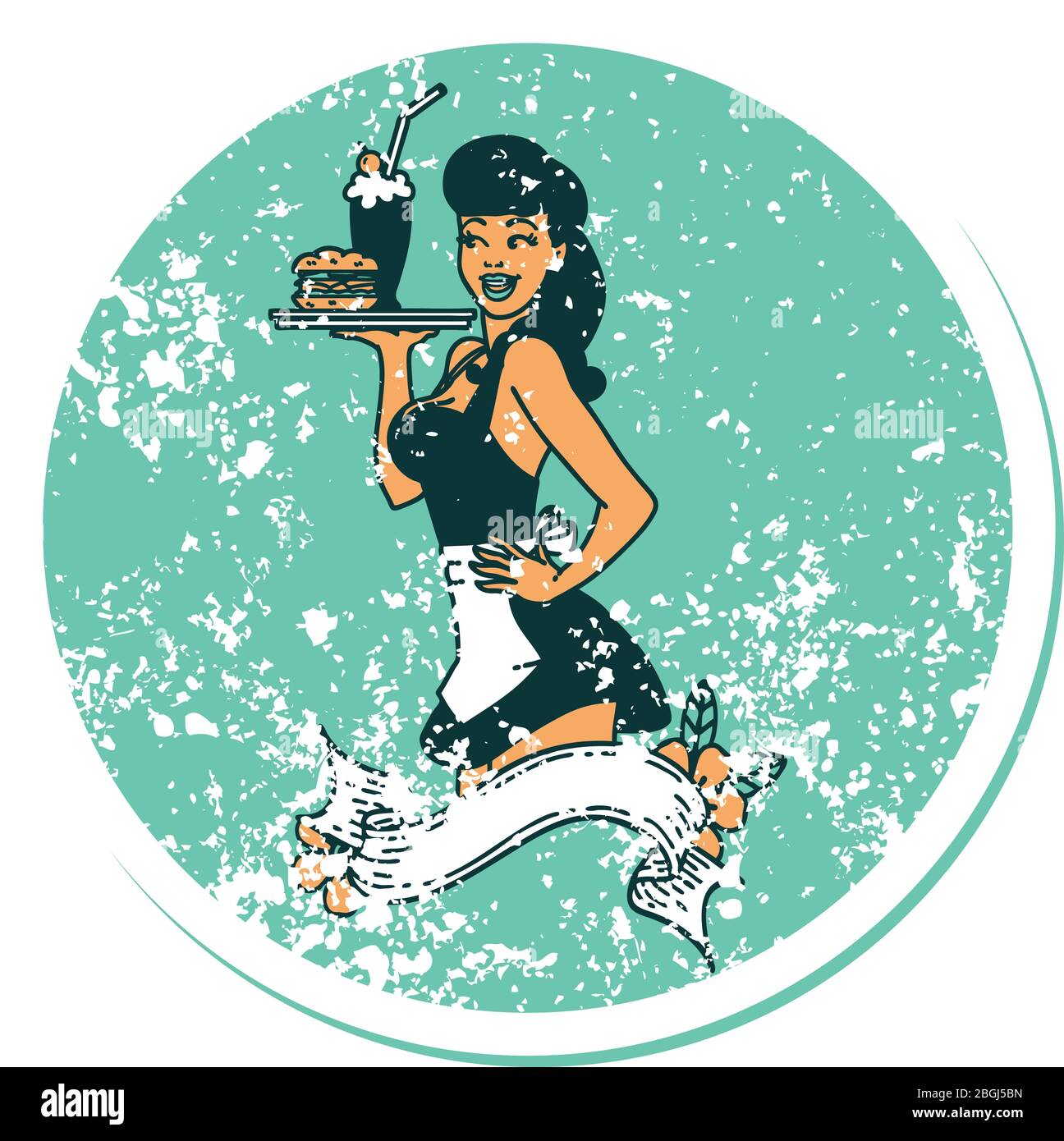 tatouage d'autocollant vieilli dans le style traditionnel d'une fille de serveuse de brochage avec bannière Illustration de Vecteur