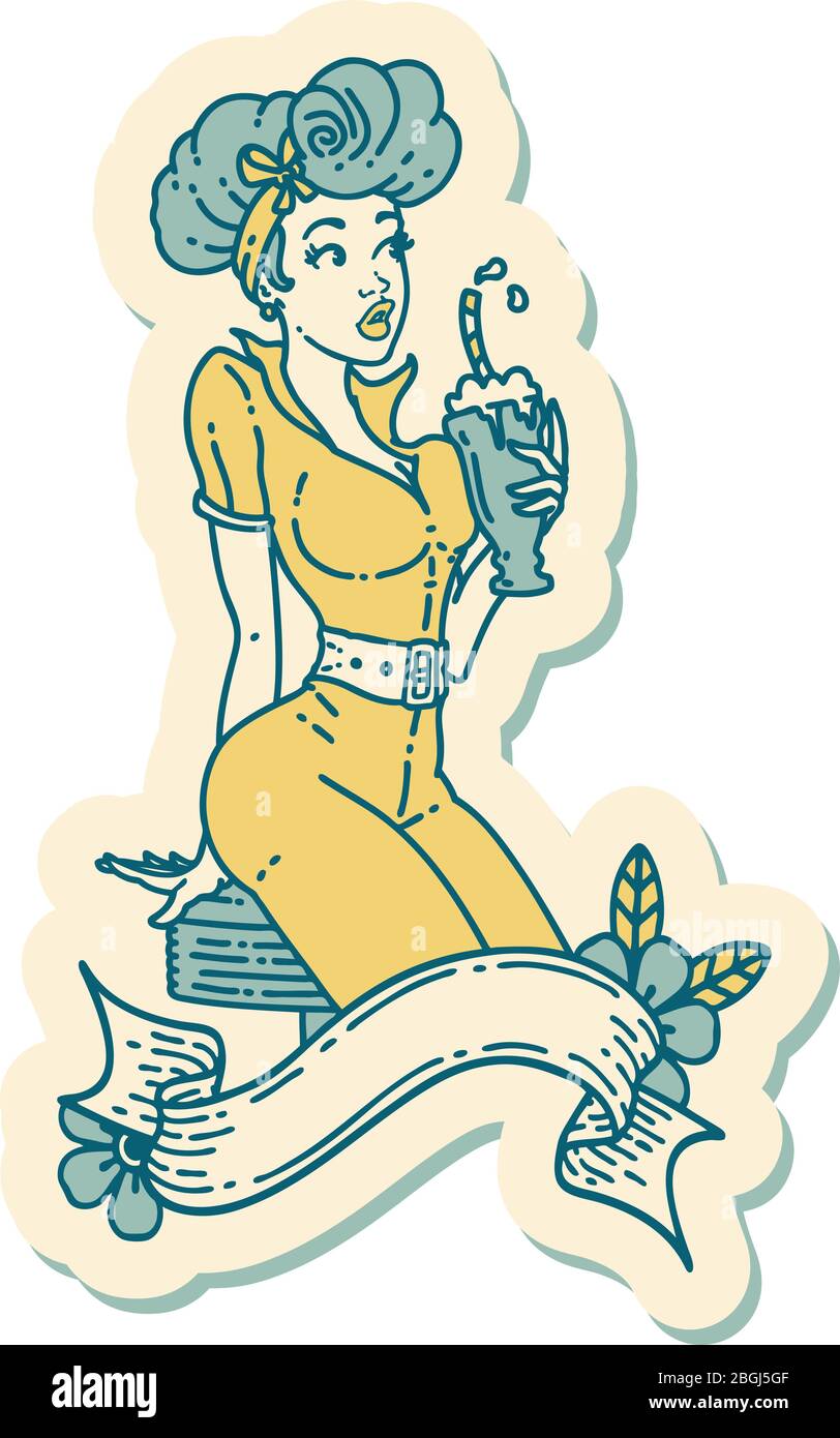 autocollant de tatouage dans le style traditionnel d'une jeune fille de pin buvant un milkshake avec bannière Illustration de Vecteur