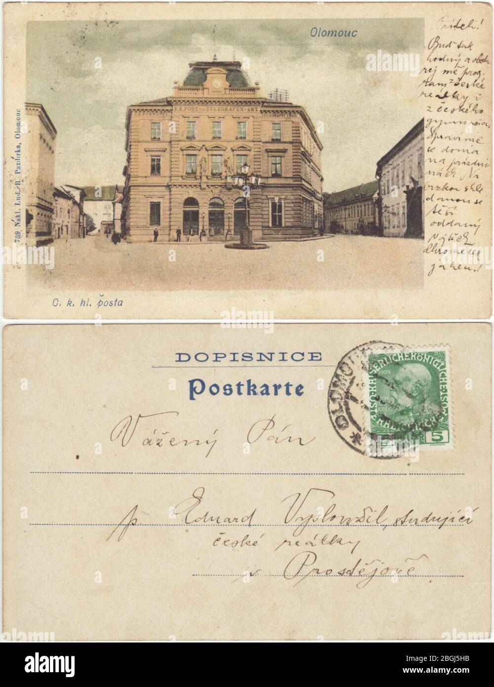 Carte postale historique d'un bureau de poste à Olomouc. Banque D'Images