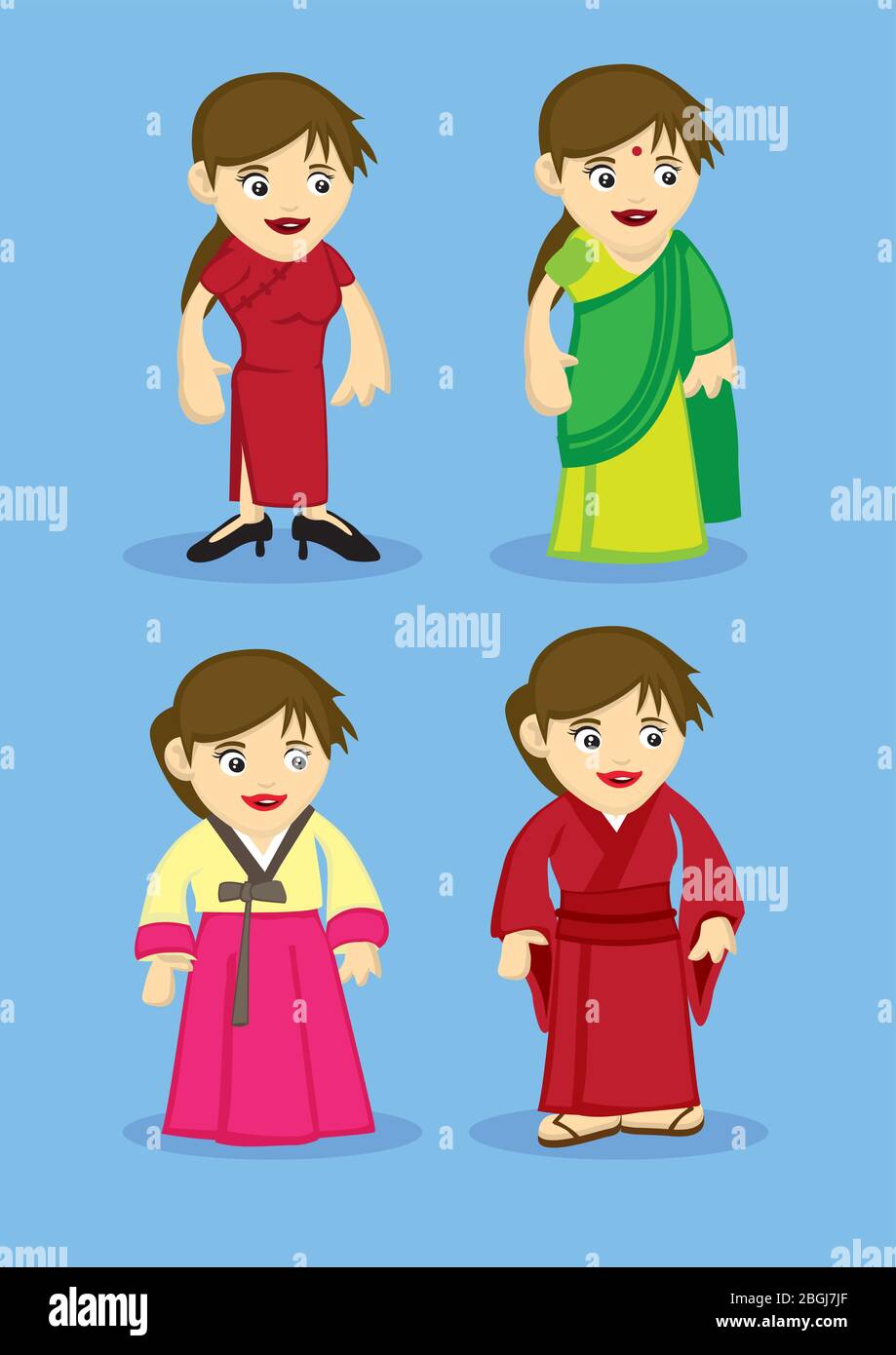 Ensemble de quatre personnages de dessin animé dans des tenues nationales asiatiques traditionnelles, cheongsam chinois, Sari indien, Hanbok coréen et kimono japonais isolés sur bl Illustration de Vecteur
