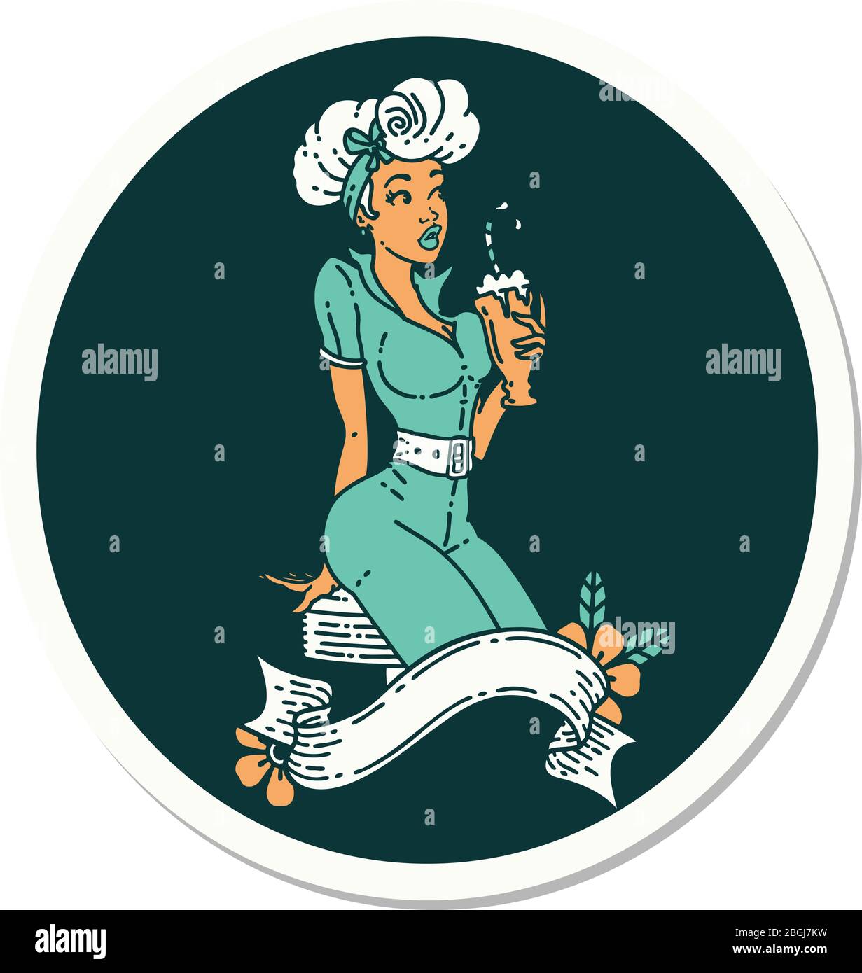 autocollant de tatouage dans le style traditionnel d'une jeune fille de pin buvant un milkshake avec bannière Illustration de Vecteur