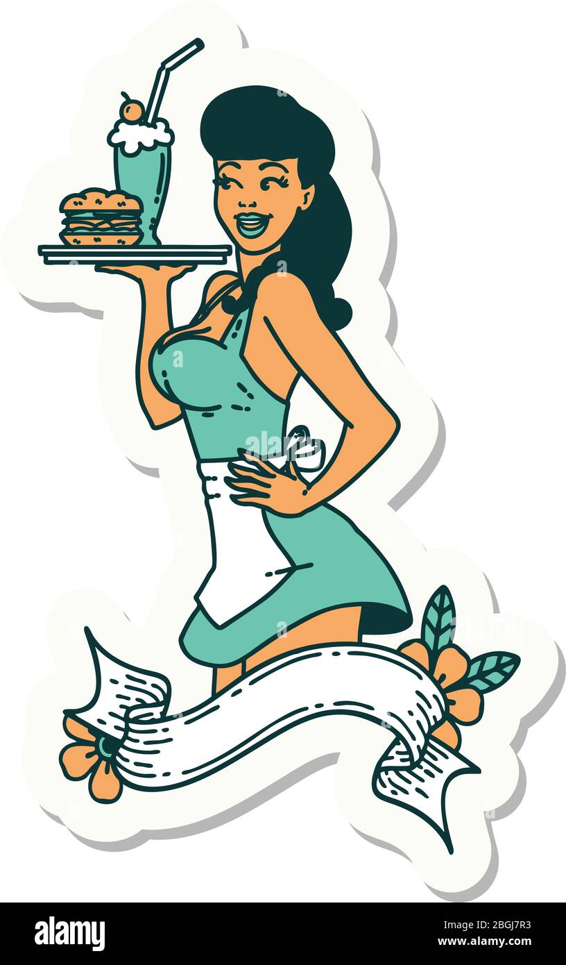 autocollant de tatouage dans le style traditionnel d'une fille de serveuse de brochage avec bannière Illustration de Vecteur