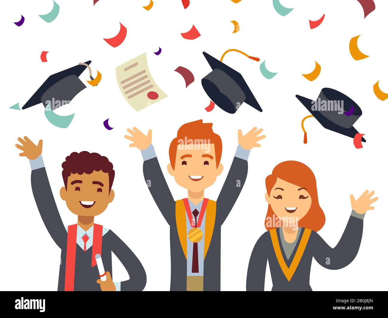 Jeunes diplômés heureux avec des casquettes de deuxième cycle et des  confettis de chute. La cérémonie de réussite scolaire termine l'éducation.  Illustration vectorielle Image Vectorielle Stock - Alamy