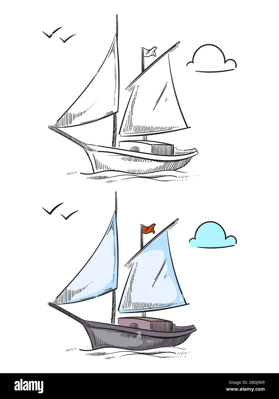 Navire de coloration avec échantillon coloré. Bateau tiré à la main isolé sur fond blanc. Illustration vectorielle Illustration de Vecteur