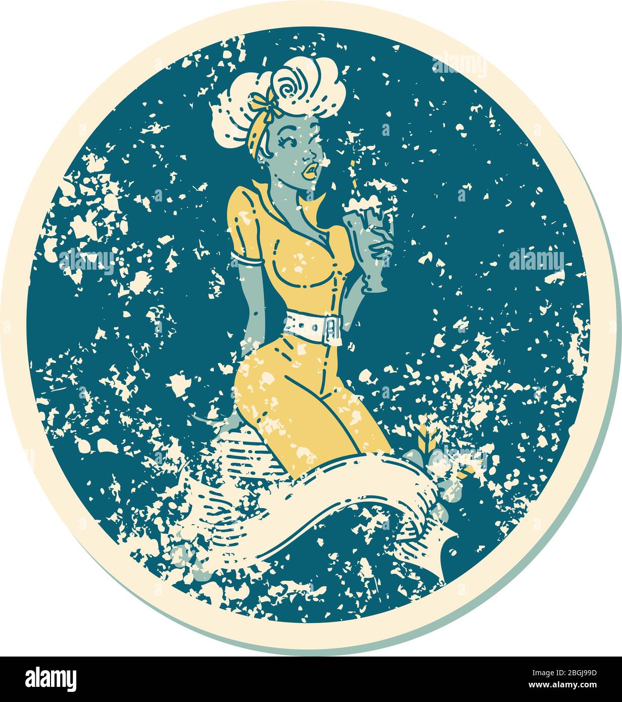 tatouage d'autocollant vieilli dans le style traditionnel d'une fille de pin buvant un milkshake avec bannière Illustration de Vecteur