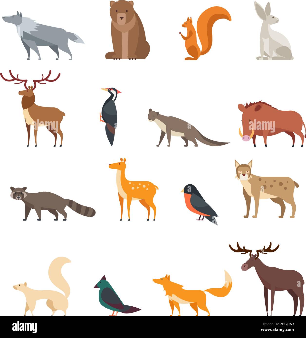 Les animaux sauvages de la forêt et les oiseaux cartoon vecteur isolé. Cerf plat, ours, lapin, écureuil, loup, renard, raton laveur, chouette. Animal sauvage de forêt, illustration de la collection de caractères de dessin animé Illustration de Vecteur