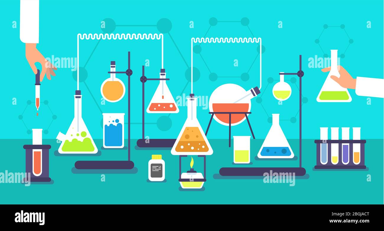 Équipements chimiques en laboratoire d'analyse chimique. Expérience de laboratoire de recherche scientifique expérience de scénario contexte. Expérience d'analyse, illustration de la chimie de la recherche en laboratoire Illustration de Vecteur