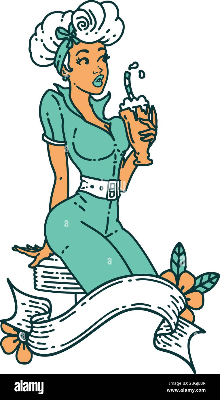 tatouage dans le style traditionnel d'une fille de pin buvant un milkshake avec bannière Illustration de Vecteur