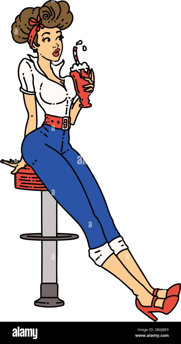 tatouage dans le style traditionnel d'une fille de pinup buvant un milkshake Illustration de Vecteur