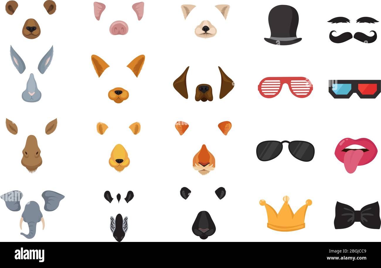 Visages d'animaux drôles, masques de dessin animé, filtres photo pour téléphone vidéo chat application scénario ensemble. Application masque photo, illustration du visage animal de l'application Illustration de Vecteur