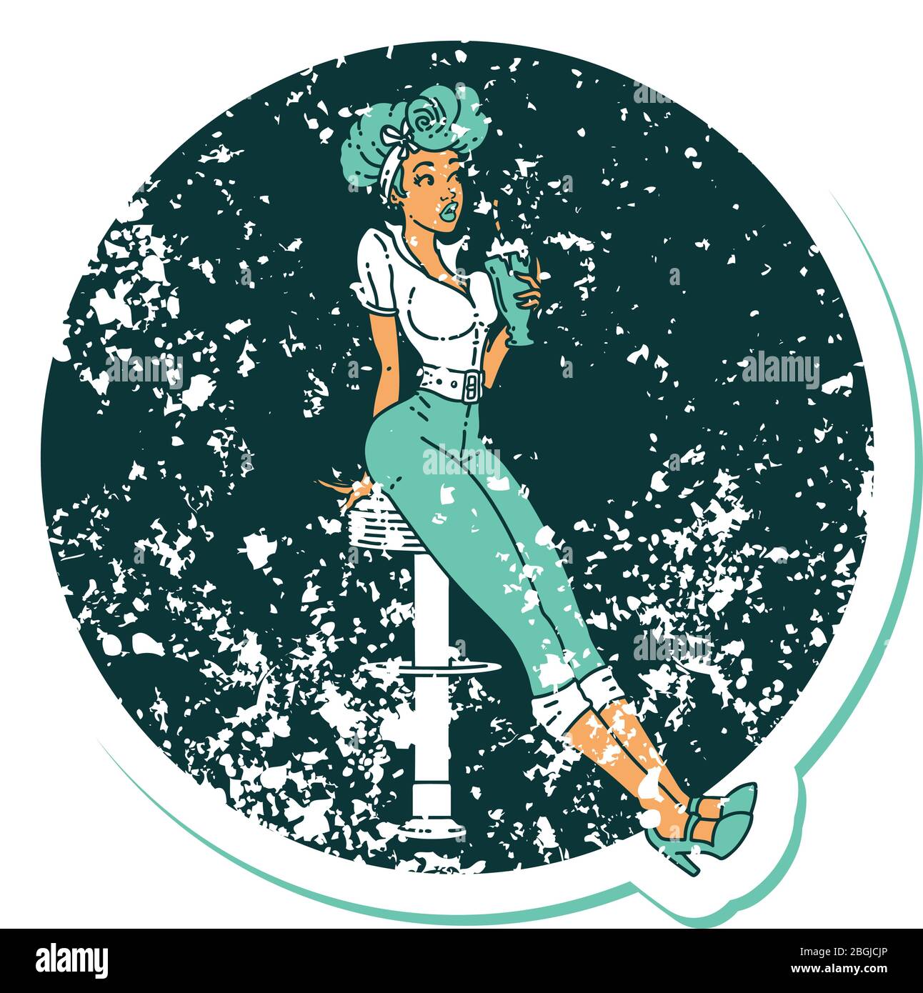 tatouage d'autocollant vieilli dans le style traditionnel d'une fille de pin buvant un milkshake Illustration de Vecteur