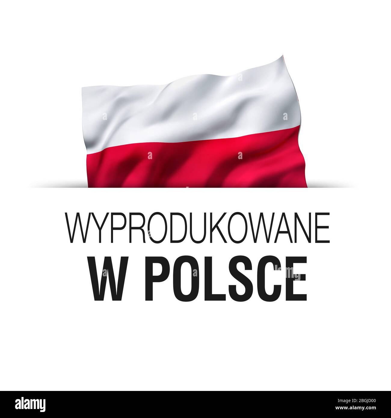 Fabriqué en Pologne écrit en polonais. Étiquette de garantie avec un drapeau polonais agitant. Banque D'Images