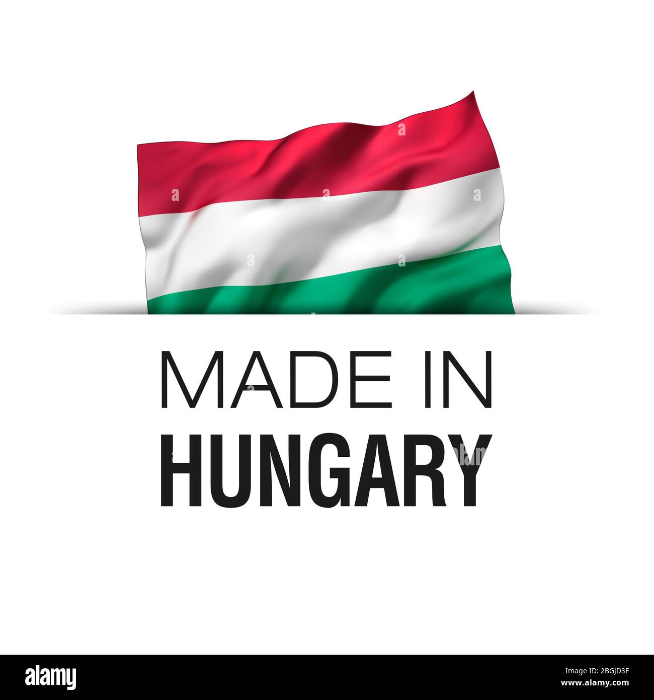 Fabriqué en Hongrie - étiquette de garantie avec un drapeau hongrois agitant. Banque D'Images