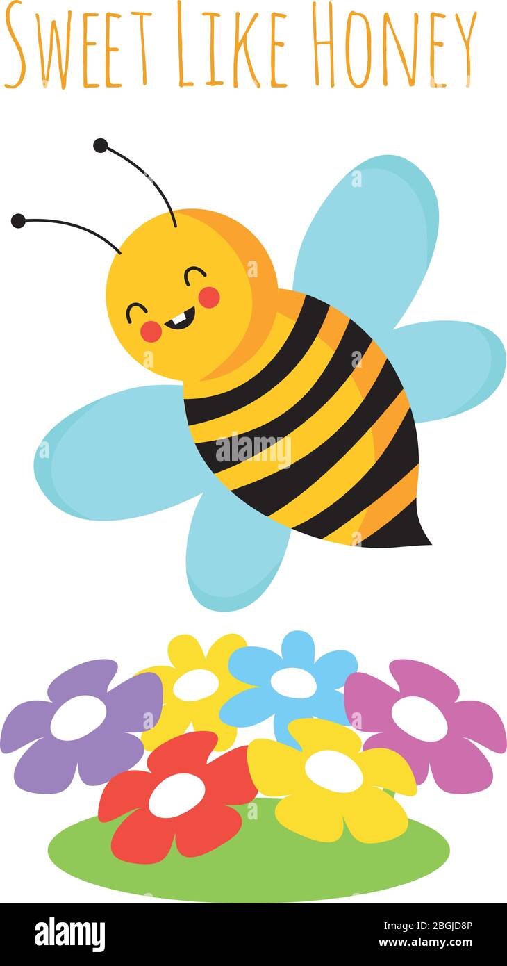 Dessin animé volant abeilles. Jolie abeille et fleur. Arrière-plan vectoriel de l'abeille. Illustration de la bande dessinée sur les insectes, des bourdons et des fleurs colorées Illustration de Vecteur