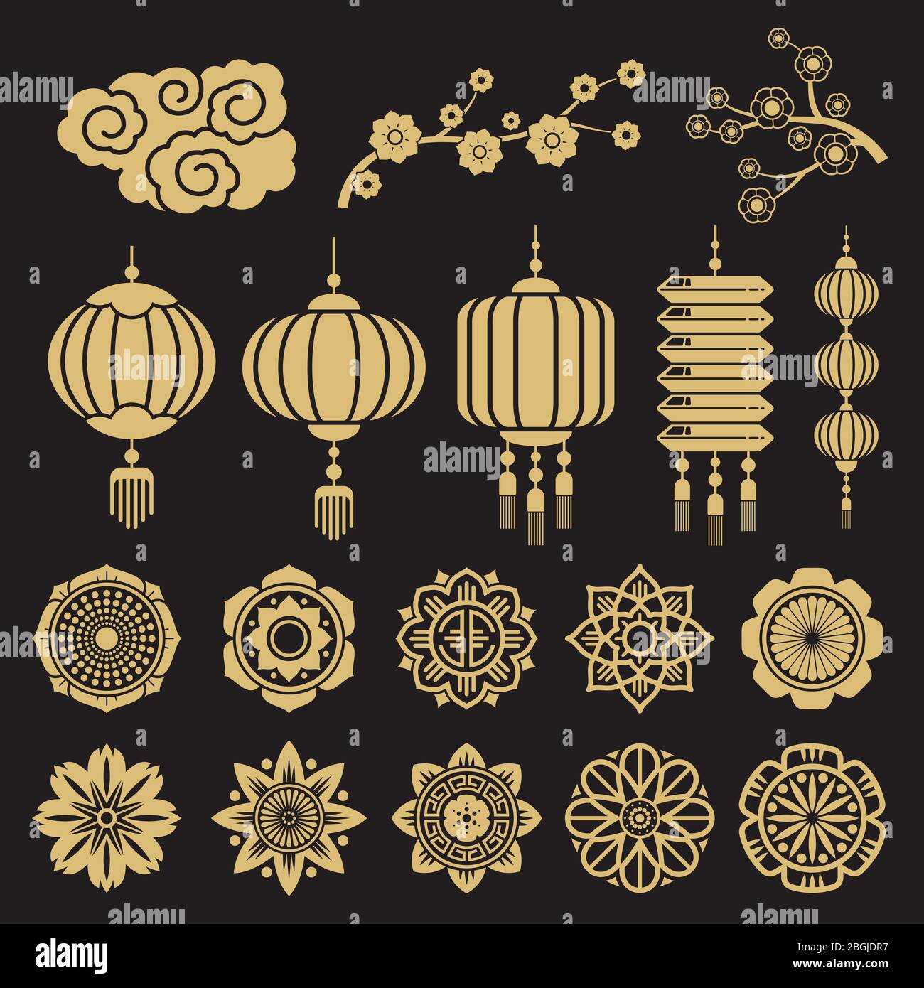 Éléments vectoriels décoratifs chinois et japonais traditionnels isolés sur fond noir. Illustration de l'élément traditionnel or de la chine asiatique et du japon Illustration de Vecteur