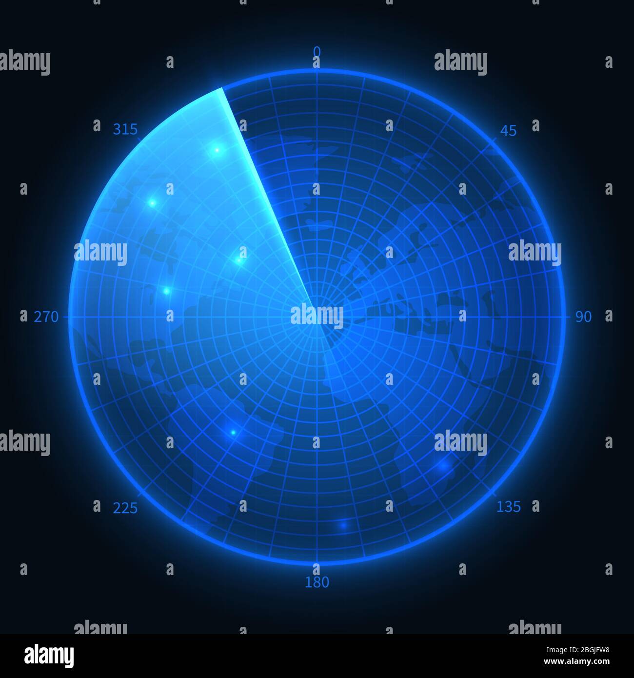 Écran radar. Sonar bleu militaire. Carte vectorielle de l'interface de navigation. Illustration du moniteur de navigation, de l'équipement numérique militaire Illustration de Vecteur