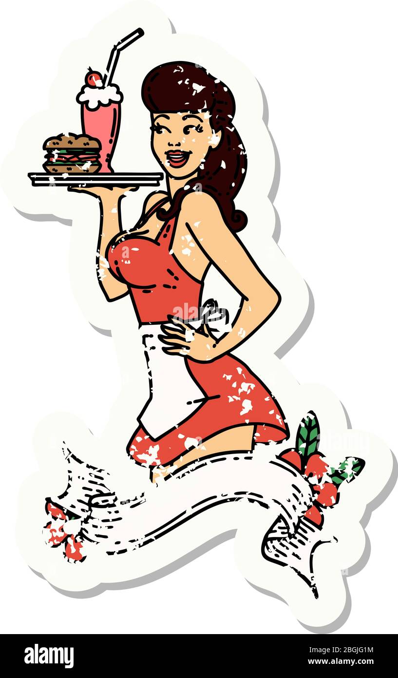 tatouage d'autocollant vieilli dans le style traditionnel d'une fille de serveuse de brochage avec bannière Illustration de Vecteur