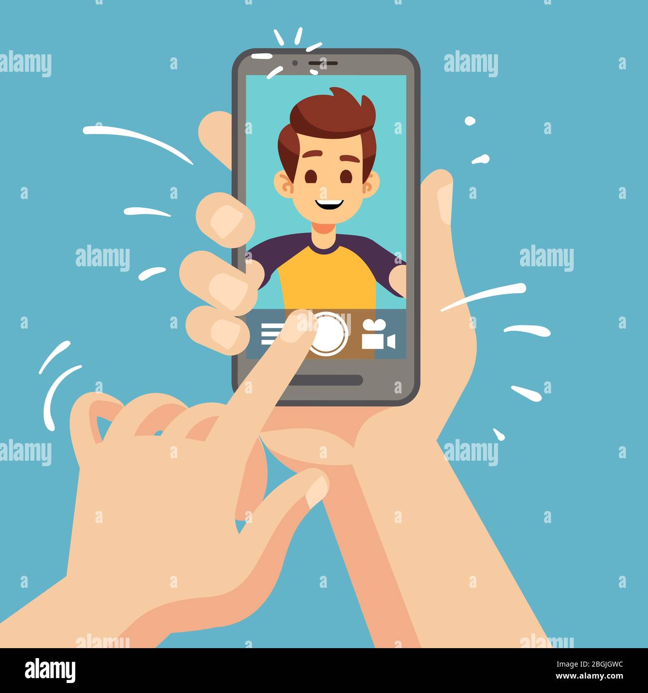 Jeune homme heureux prenant la photo selfie sur smartphone. Portrait masculin sur l'écran du téléphone portable. Illustration vectorielle de dessin animé. Vidéo selfie homme, photographier jeune gars, posant selfportrait Illustration de Vecteur