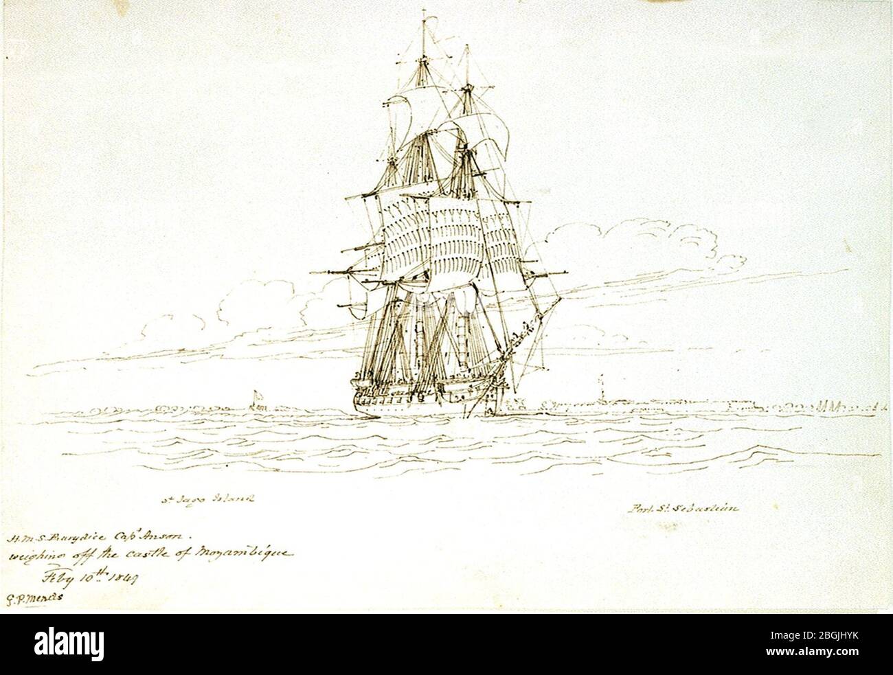 Ancrage de pesée HMS 'Eurydice' au large de fort St Sebastian, Mozambique, 10 février 1849 Banque D'Images