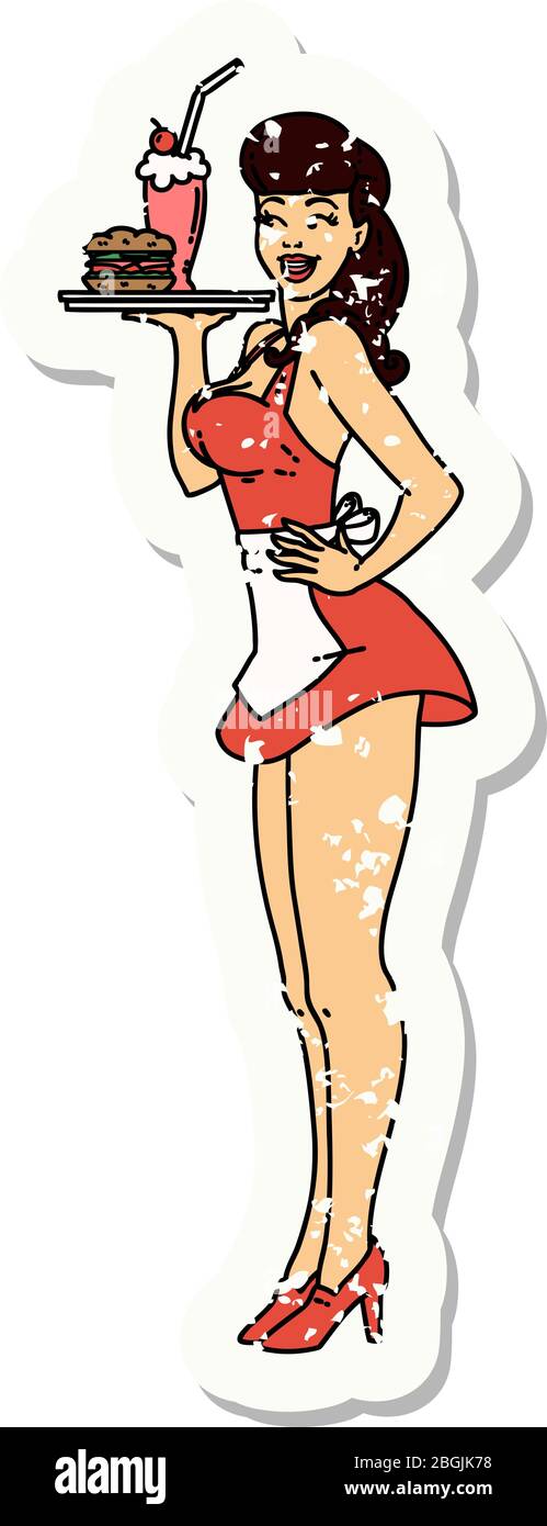 tatouage d'autocollant vieilli dans le style traditionnel d'une fille de serveuse de broche Illustration de Vecteur