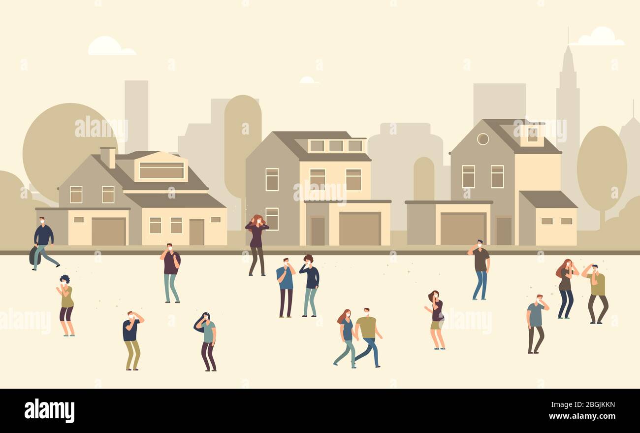 Personnes dans un masque antipoussière. Hommes et femmes souffrant de poussière dans le paysage urbain. Illustration vectorielle. Pollution smog de l'industrie, radioactif malsain Illustration de Vecteur