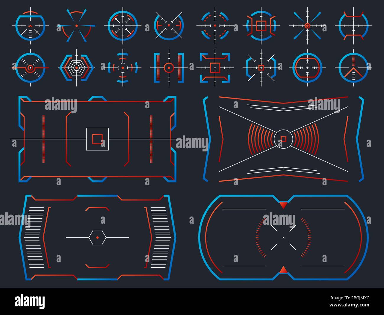 Design d'écran virtuel futuriste de haute technologie. Panneau hud des systèmes informatiques avec ensemble vectoriel de cadres de suivi de cible. Illustration de l'interface graphique interactive, visée visuelle du réticule Illustration de Vecteur