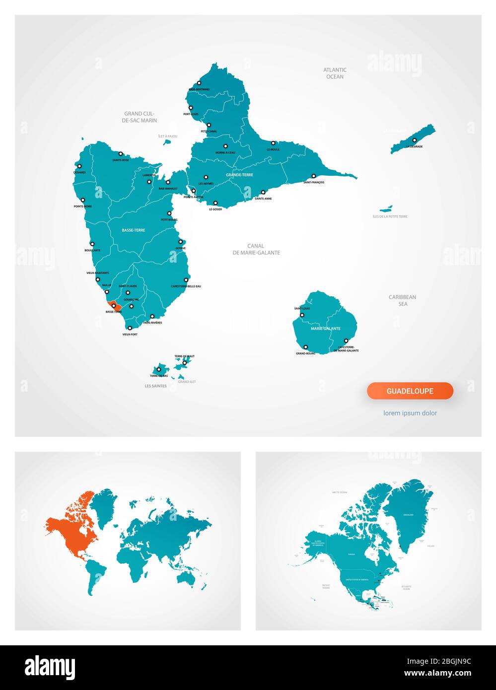 Modèle modifiable de carte de Guadeloupe avec des repères. Guadeloupe sur la carte du monde et sur la carte de l'Amérique du Nord. Illustration de Vecteur