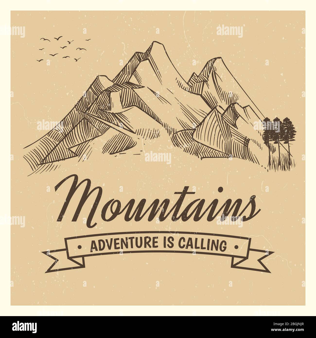 Dessin à la main haute montagne de sommet et forêt et oiseaux vintage aventure affiche vectorielle avec l'illustration des montagnes esquissées Illustration de Vecteur