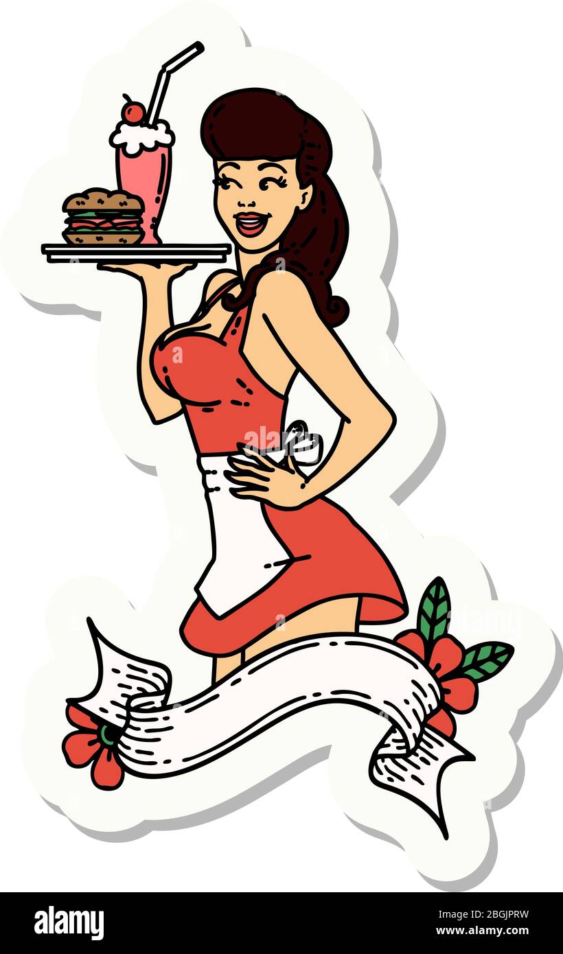 autocollant de tatouage dans le style traditionnel d'une fille de serveuse de brochage avec bannière Illustration de Vecteur