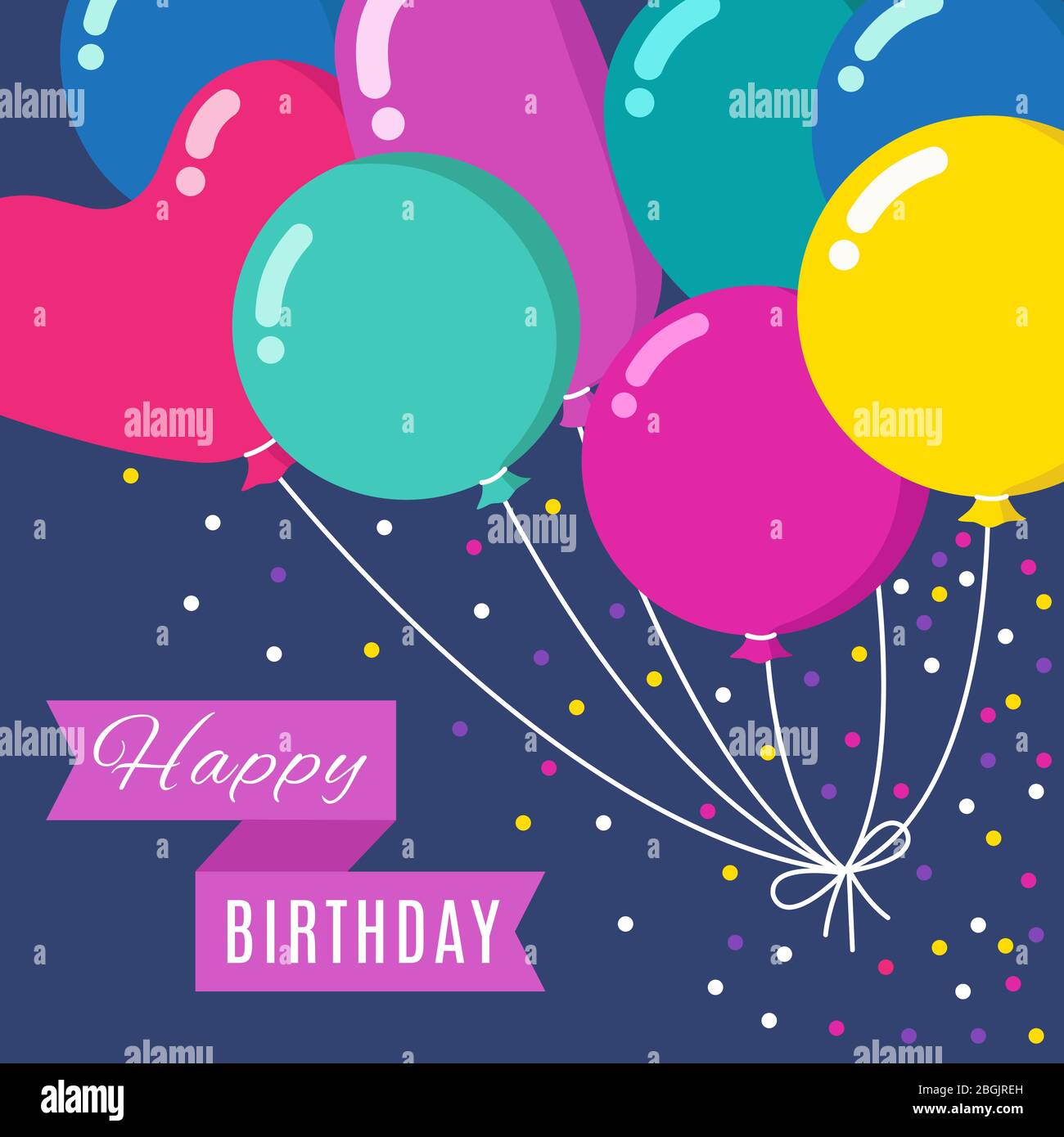 Bande dessinée colorée de ballons volantes dans le ciel avec une bannière d'anniversaire heureuse. Carte d'invitation vectorielle. Affiche avec bulle colorée pour l'illustration de l'événement de fête Illustration de Vecteur