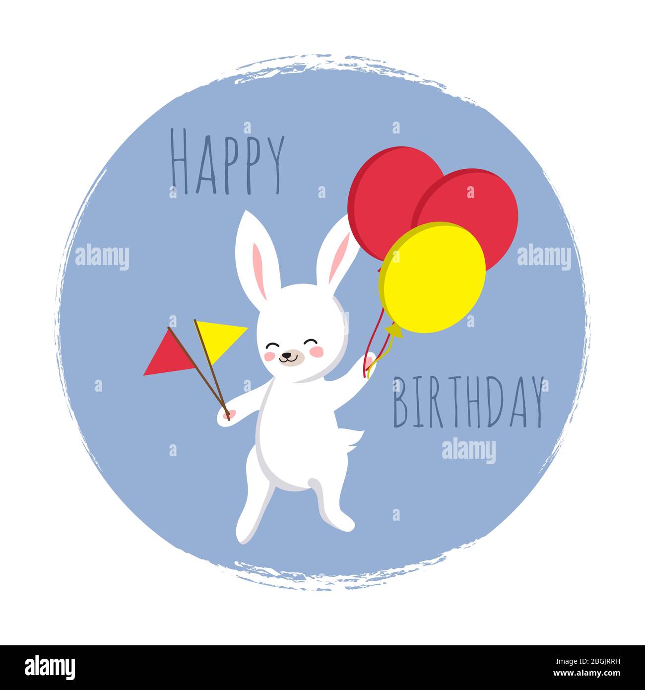 Joli lapin avec drapeaux et ballons. Modèle d'anniversaire heureux pour cartes, bannières, imprimé avec un lapin de dessin animé. Illustration vectorielle Illustration de Vecteur