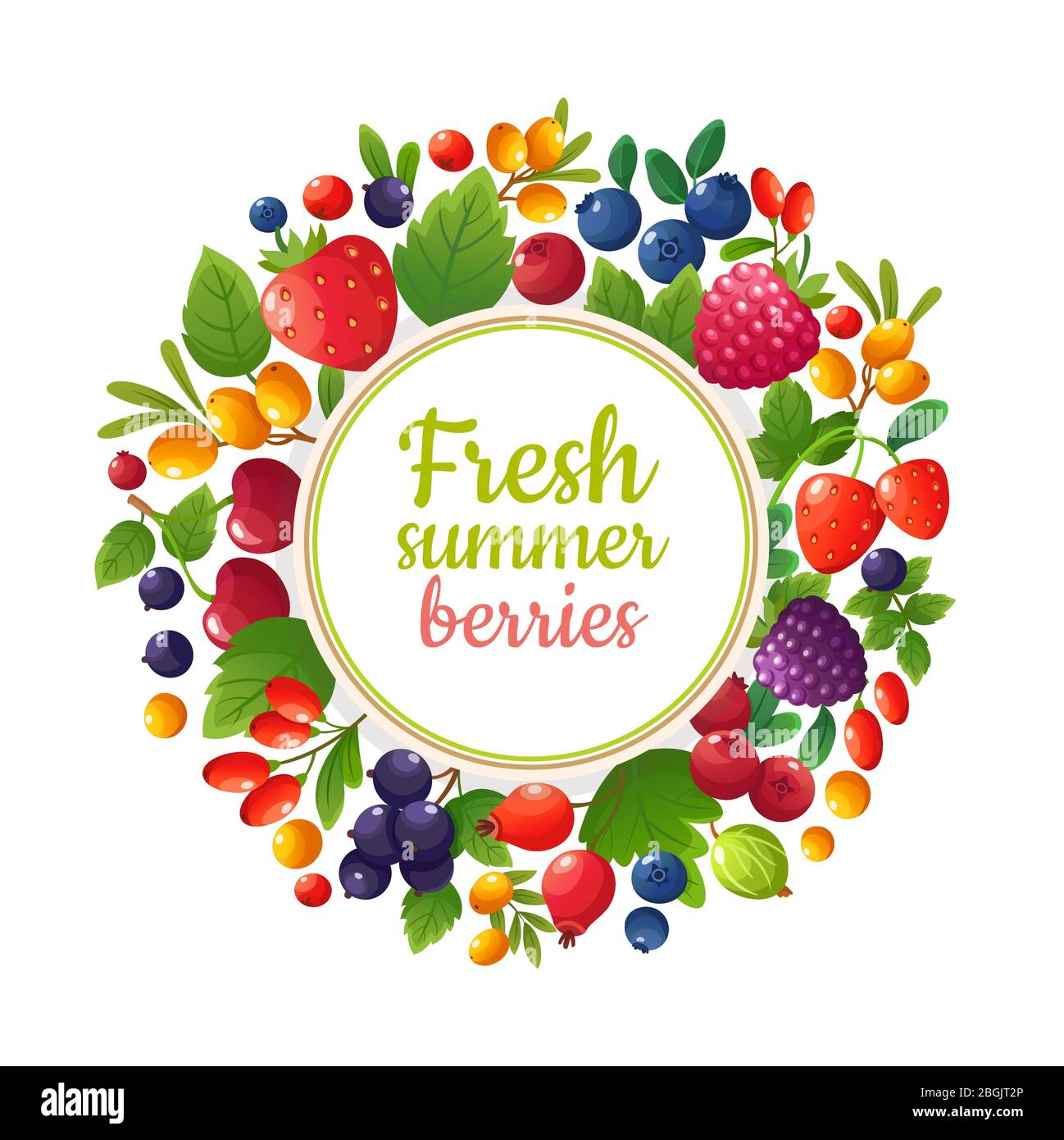 Fruits et baies d'été biologiques frais. Cuisine saine végétalienne café menu vectoriel design. Fraisier frais, mûres et baies Illustration de Vecteur