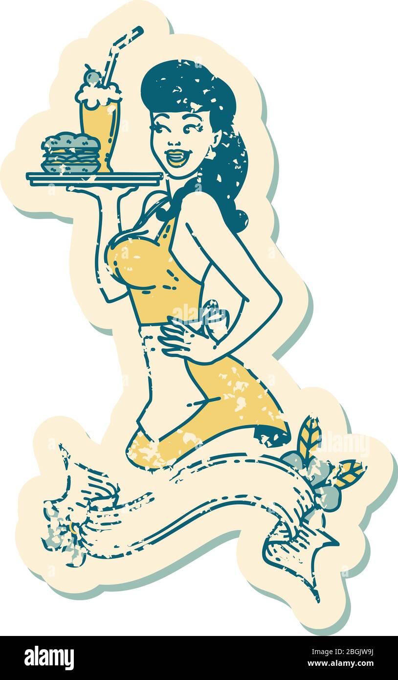 tatouage d'autocollant vieilli dans le style traditionnel d'une fille de serveuse de brochage avec bannière Illustration de Vecteur