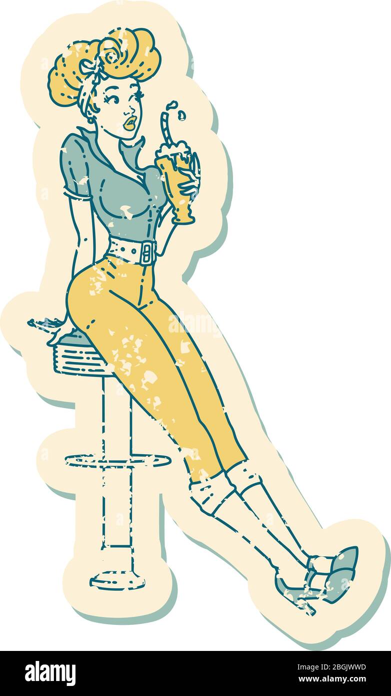 tatouage d'autocollant vieilli dans le style traditionnel d'une fille de pin buvant un milkshake Illustration de Vecteur