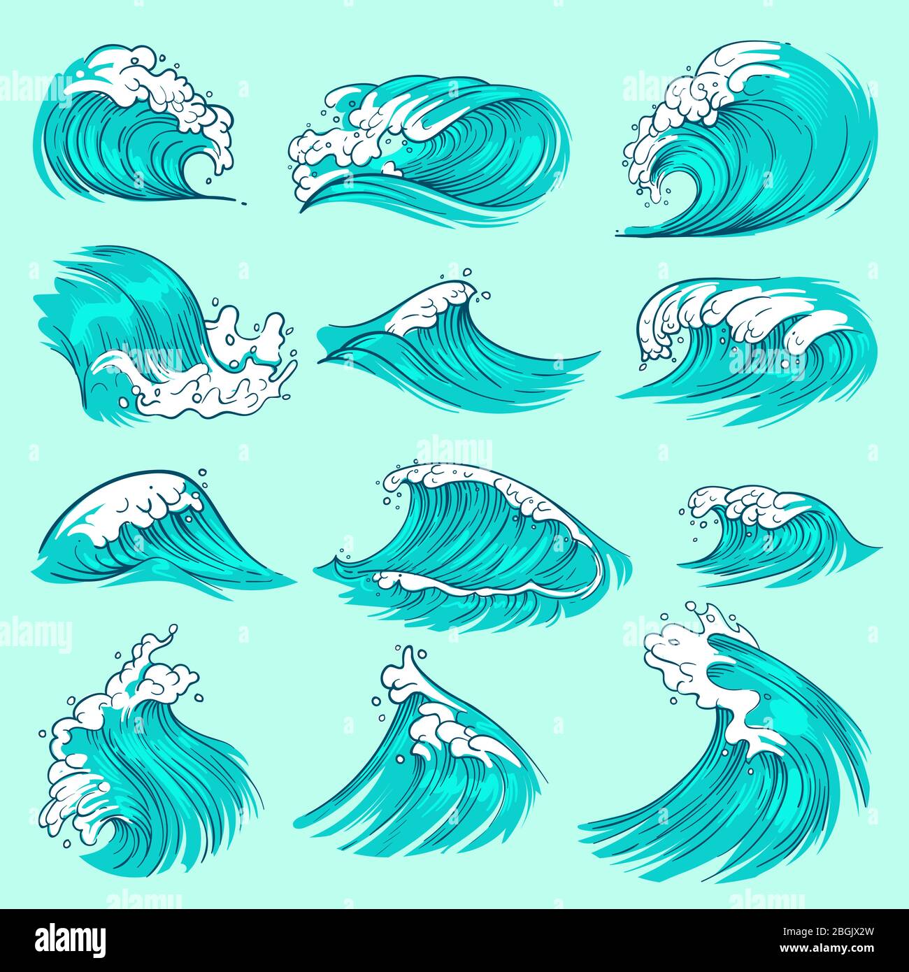 Vagues bleues de mer dessinées à la main avec des éclaboussures. Ensemble vectoriel d'eaux pluviales océaniques. Surf splash océan, vague de l'illustration de tourbillon de mer Illustration de Vecteur